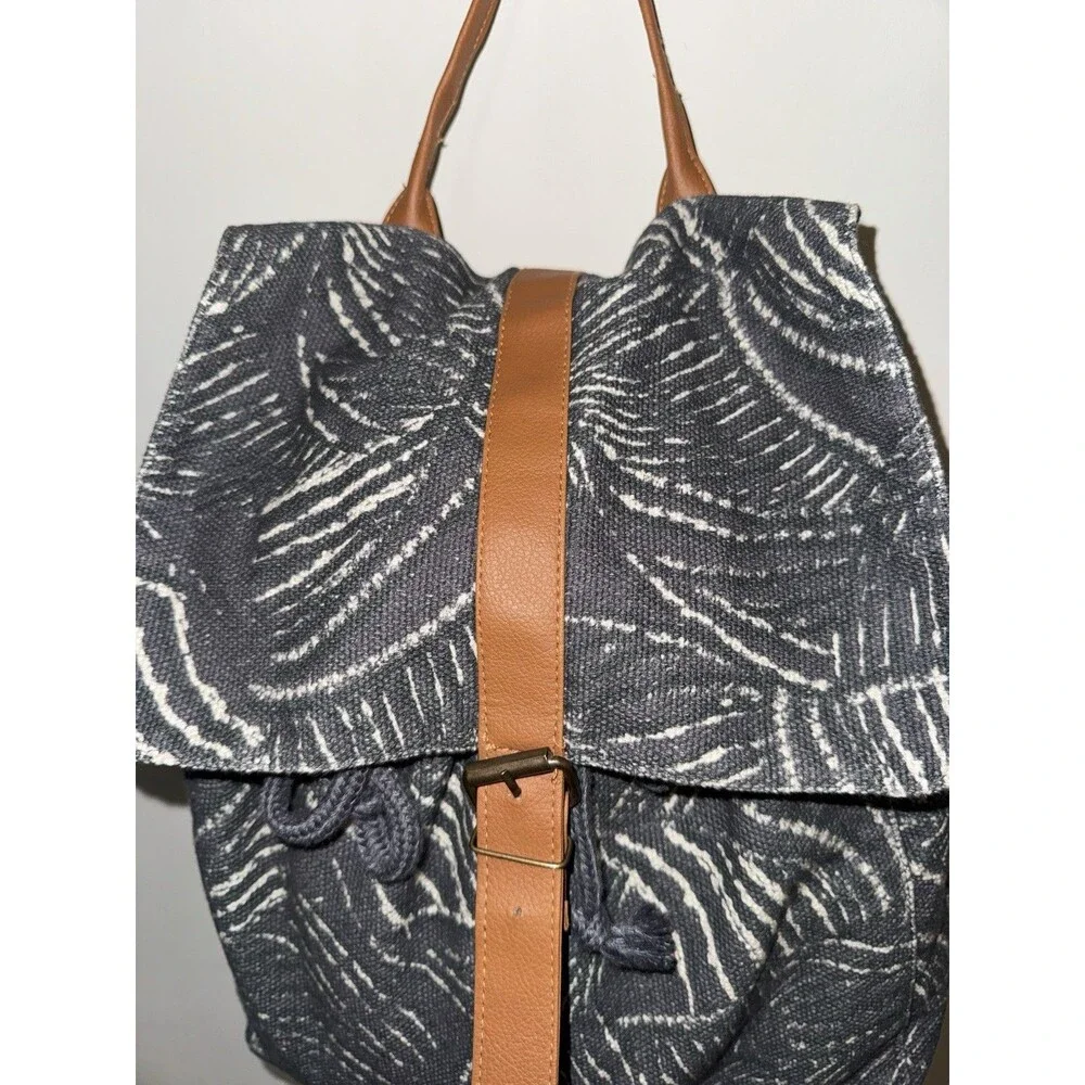 Boho Canvas Backpack Purse Gray Cream Abstract Print Drawstring Minimalist